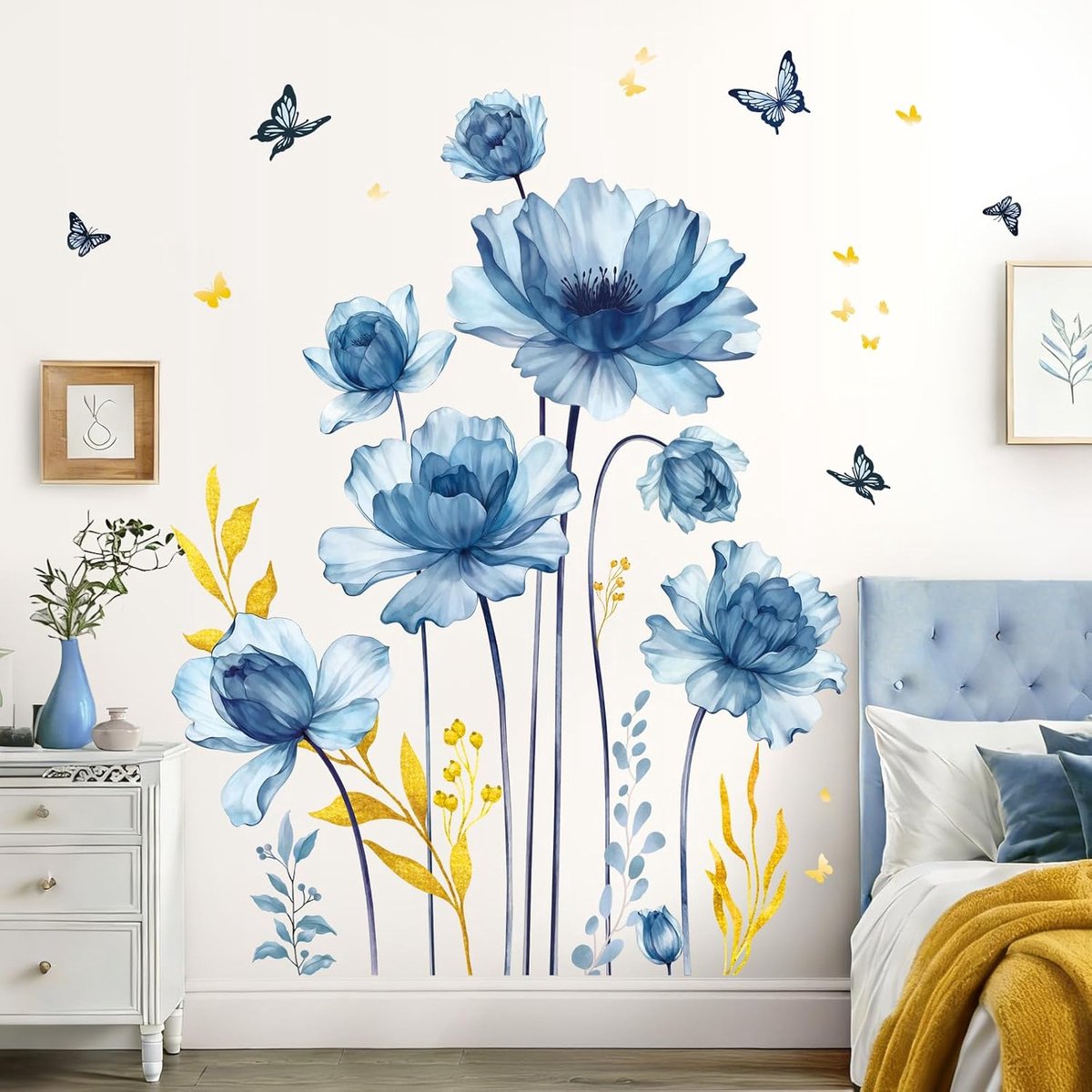 SHUCHING Blue Flower Gold Leaves Wall Sticker Sticker for Living Room - ShopVlot