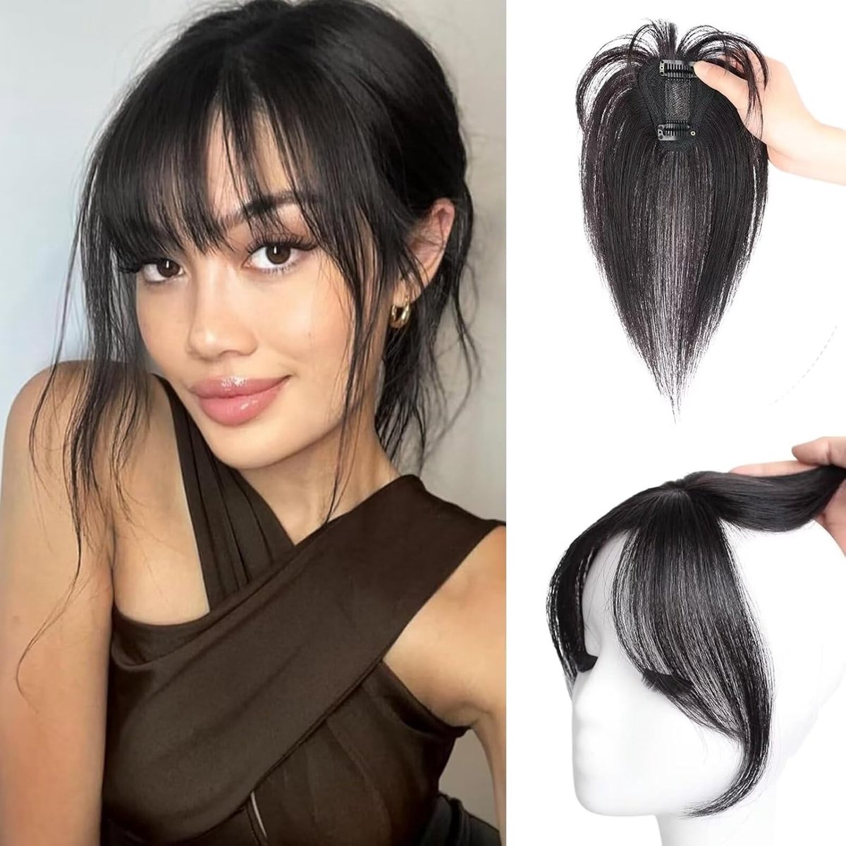 Vigorous Wave Side Bang Clip in Bangs, Full Fringe with Temples Real Human Hair Wavy Fringe Hair Extensions (Natural - ShopVlot