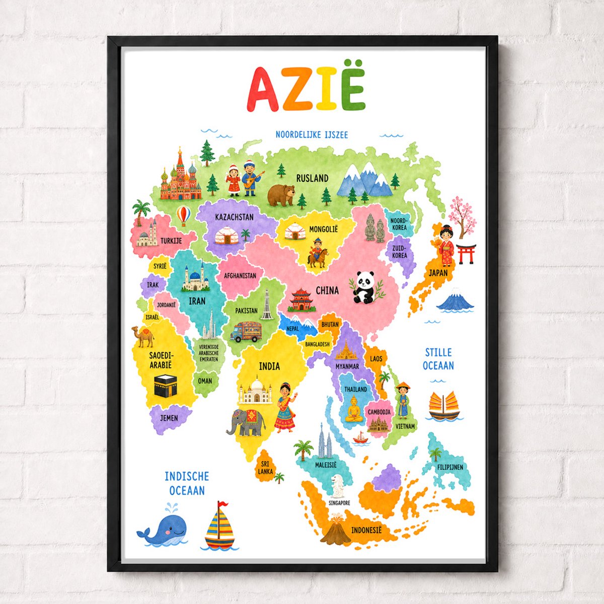 Azië Educatieve Poster voor Kinderen - Leren - groep 4 t/m 8 (7-12 jaar) - A1+ 61 x 91,5 cm