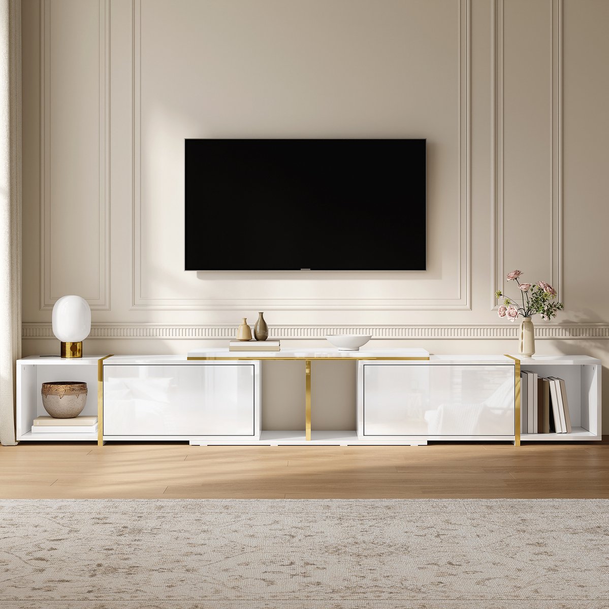 MIVRAY Tv Meubel - Uittrekbaar Hoogglans Met Gouden Accenten En Kabeldoorvoer - Modern Voor Woonkamer - Spaanplaat - Wit - 275 Cm