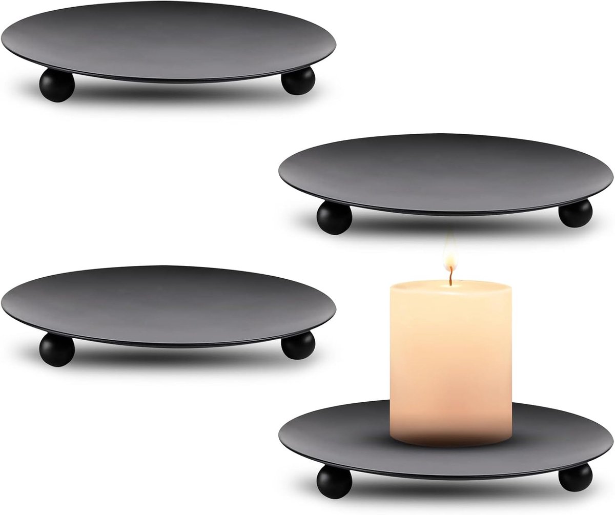 Candle Holder 4 Pieces 10cm Iron Candle Holder Pillar Candles, Black Round Candle Tray, Retro Table Decoration Candle - ShopVlot