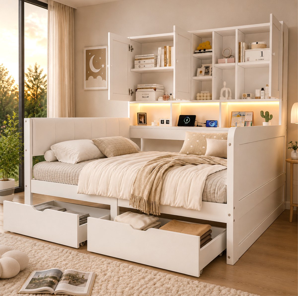 OKWISH Kinderbed 140x200 cm - Bed Met Opbergruimte, Led Verlichting en Usb Oplaadpunt - Met Lades en Kasten - Voor Kinderen - Mdf En Pu - Wit Zonder Matras