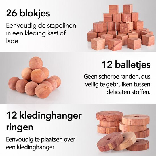 Stapel van 26 houten blokjes, 12 ronde balletjes en 12 ringen van cederhout.