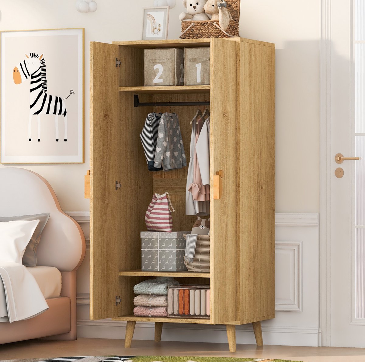 MIVRAY Kledingkast - Dubbeldeur Ontwerp Met Hanggedeelte En Ruim Opbergvak - Voor Slaapkamer En Jeugdkamer - Hout - 70x55x170 Cm