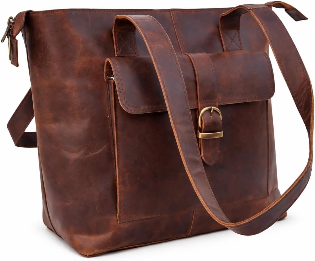 american blue Vintage Full Grain Leather Tote Bag, Large Shoulder Bag for Women with Inner Zipper Pocket, Handmade - ShopVlot
