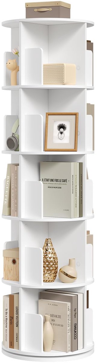 Famanu – Boekenplank met 5 lagen, 360° draaibare opbergkast, smalle houten staande plank voor woonkamer, kantoor en slaapkamer, wit