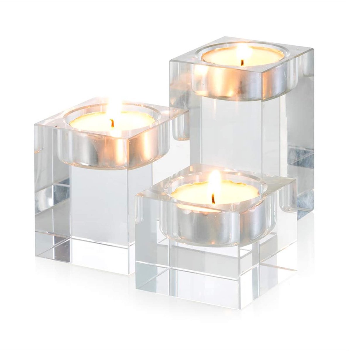 Famanu – Kristallen kandelaar set van 3 stuks, hoogwaardige glazen kaarsenhouders voor romantische diners, vierkant design