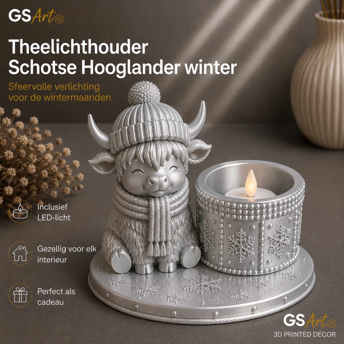 GSArt Theelichthouder Schotse Hooglander Winter – inclusief LED-kaarsje - Zijde Zilver