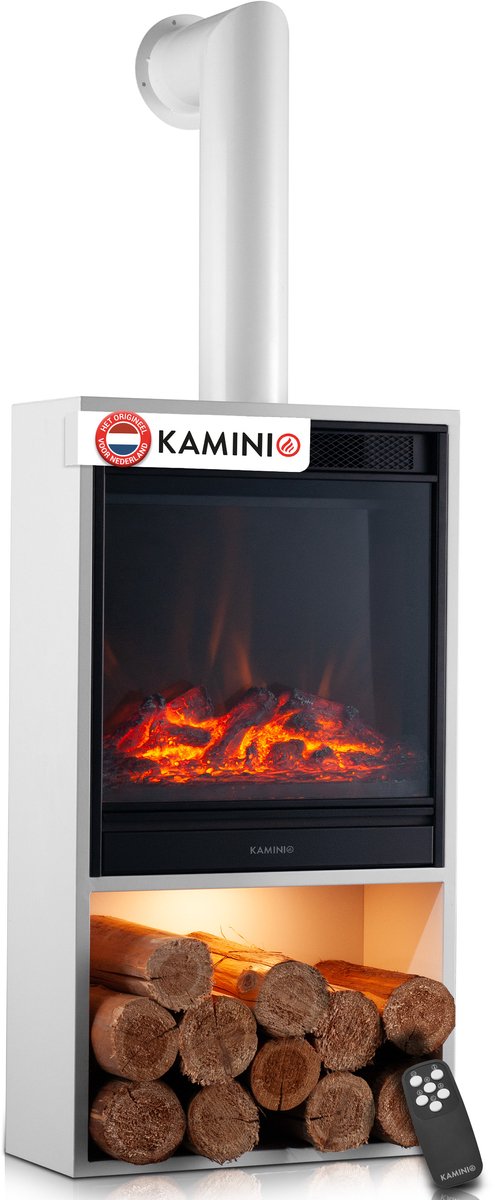 KAMINIO® Hugo elektrische haard met verwarmingselement en rookkanaal [witte haard] - Vrijstaande elektrische haard met verwarmingselement, 3D-vlameffect in 5 standen, houtopslagvak met ledverlichting, timer, thermostaat en afstandsbediening.