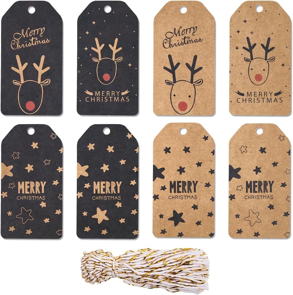 Kerst Cadeaulabels - Marineblauw en Kraft - 7,6 x 4,6 cm - Vintage Ontwerp met Snaren - Voor Cadeauverpakking en Decoratie