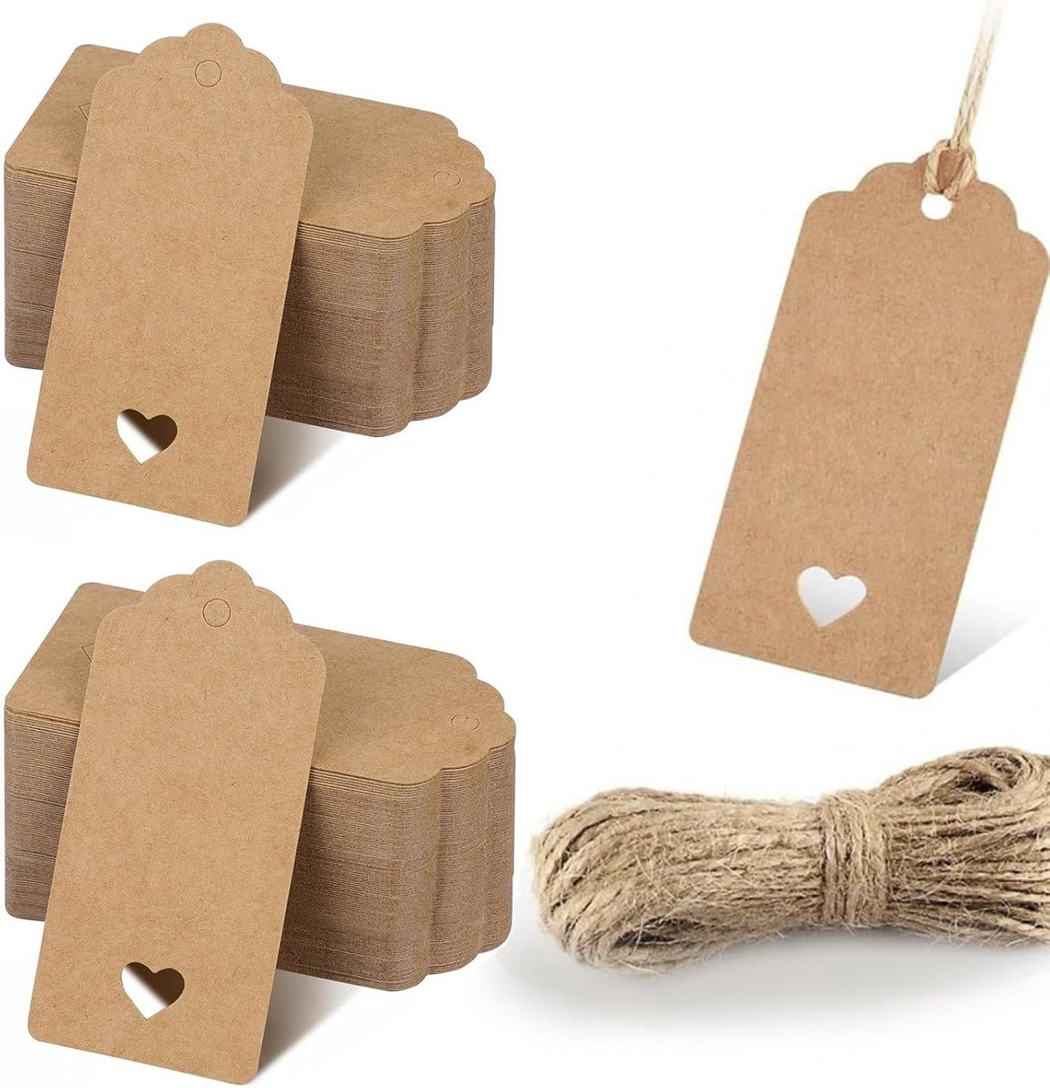Cadeauetiketten van Kraftpapier - Bruin - 4 x 9 cm - Met Uitgesneden Hart en Jute Koord - Voor Knutselen en Geschenkverpakking