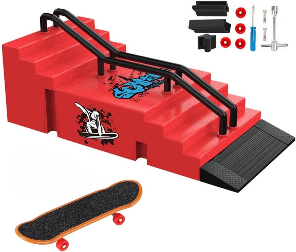 Mini Vinger Skate en Ramp Kit - Rood - 19 x 8,7 x 7,5 cm - Duurzame DIY Vingerskate met Ramp - Voor Jongens en Meisjes