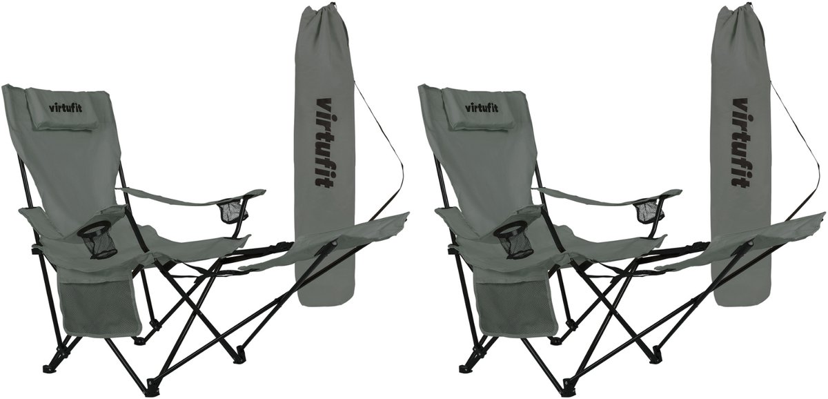 VirtuFit Opvouwbare Camping Stoel met Voetsteun - Set van 2 - Strandstoel - Grijs - Inclusief Draagtas, Bekerhouder en Opbergvak