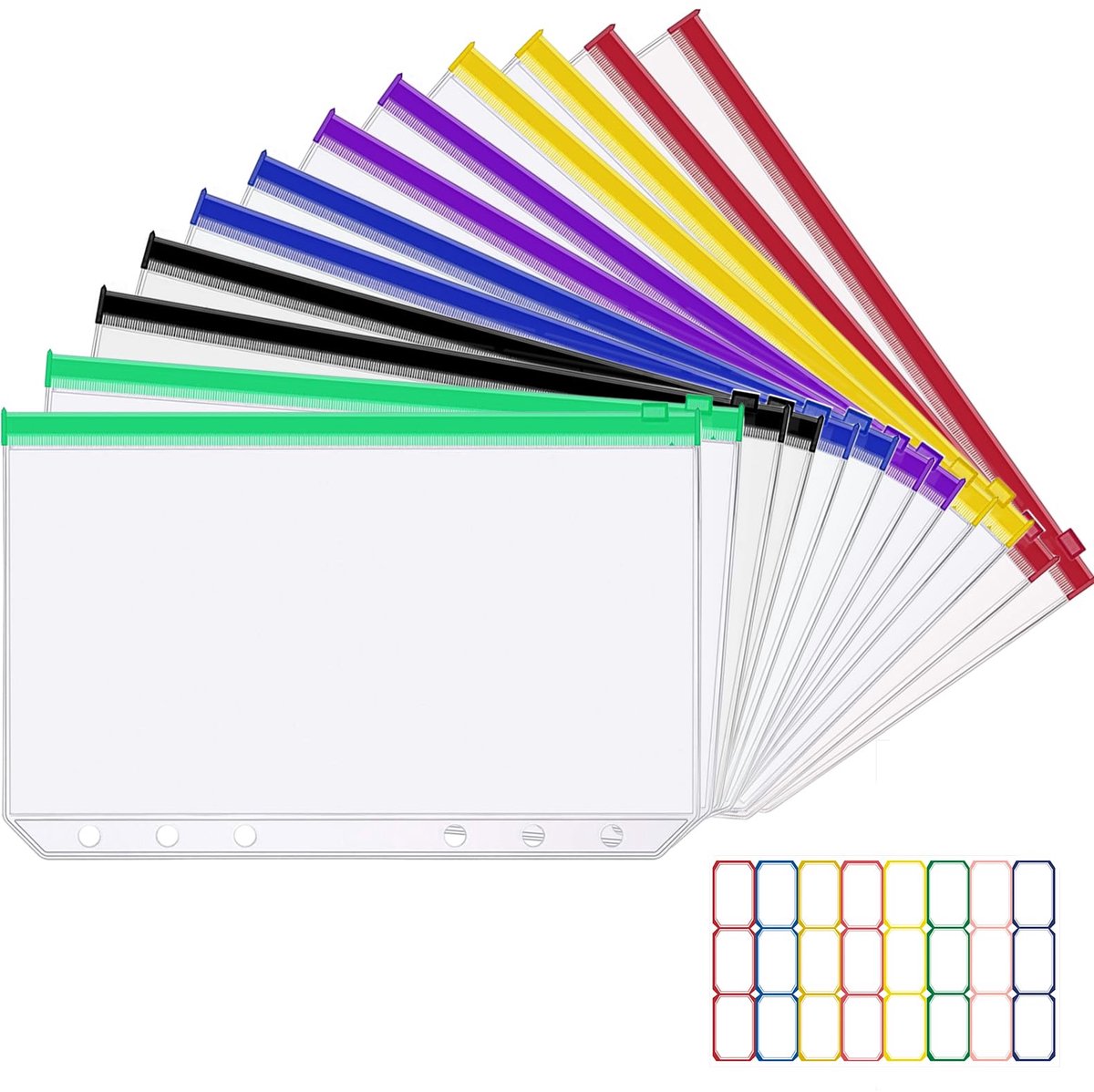 A5 Binder Taschen, 12 stuks met 6 gaten en 24 etiketten, waterdicht met rits