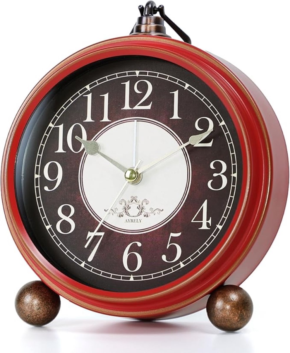 Vintage analoge wekker stil batterij-aangedreven metalen tafelklok met licht voor slaapkamer bureau decor rood-zwart