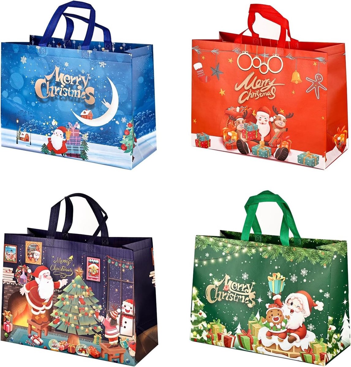 Kerstcadeauzakken - 4 stuks - Herbruikbare Draagtassen met Handgrepen - Voor Kerstfeestgeschenken
