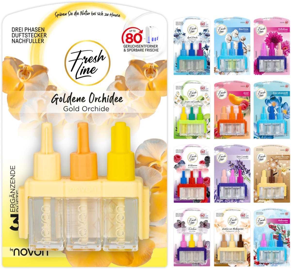 Geurstekker navulling 3-pack - 3-fasenwisseling - 6 geuren - frisse luchtverfrisser - ShopVlot