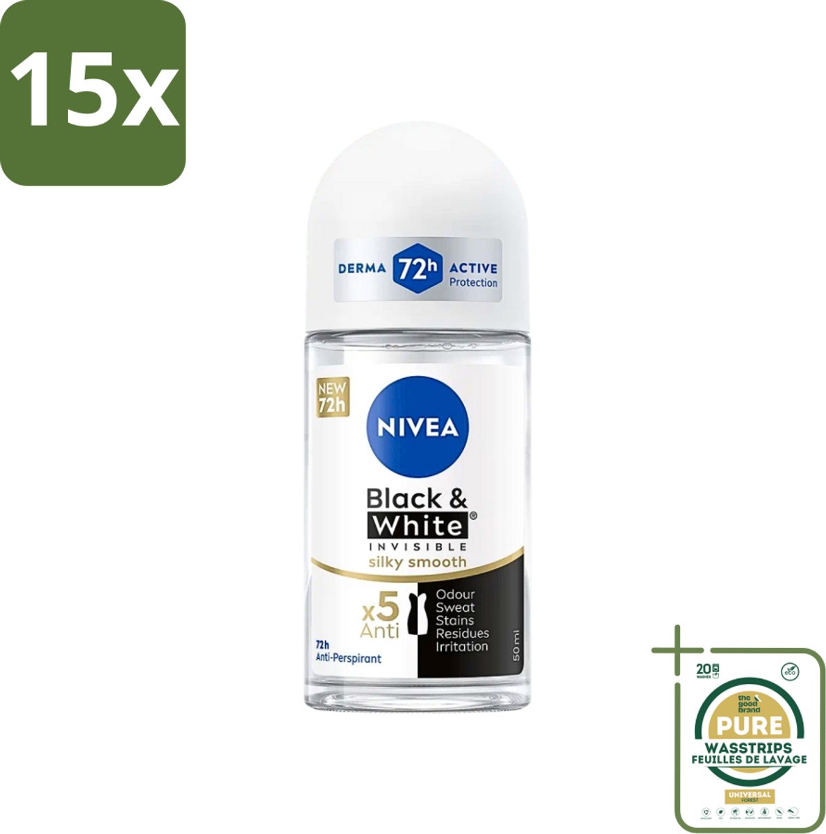15 x NIVEA - Deodorant Roller - Zwart & Wit Zijdezacht - Anti-Transpirant - 50 ml - Grootverpakking - Deodorant Roller - Anti-vlek - Zweetgeur - Huidverzorging - Zwart En Wit
