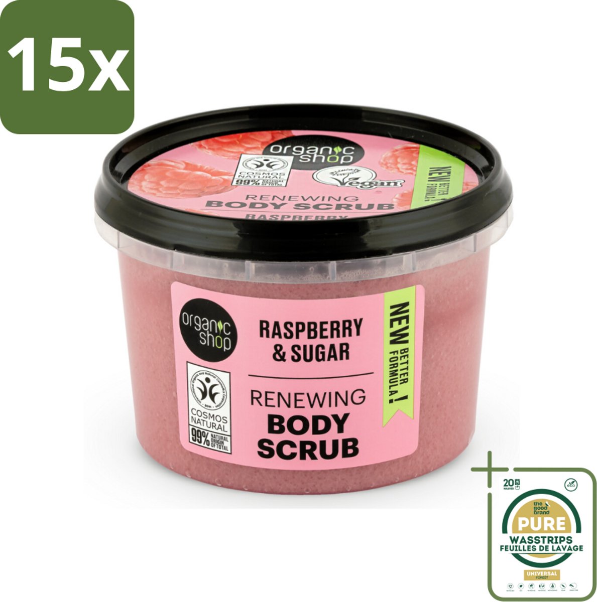 15 x Organic Shop - Organic Raspberry & Sugar Body Scrub - Verfrissend en Peeling - 250 ml - Grootverpakking - Bodyscrub - Suikerscrub - Exfoliatie - Huidverzorging - Natuurlijke Huidverzorging