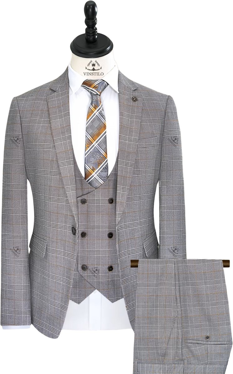 Currero 3 Delig Herenpak Met Overhemd - Suit 2 Delig - Tailored Fit Kostuum - Business Pak - Trouwpak - Smoking - Tuxedo Stijl - Bruiloft, Kantoor & Feest - Lichtgrijs XS