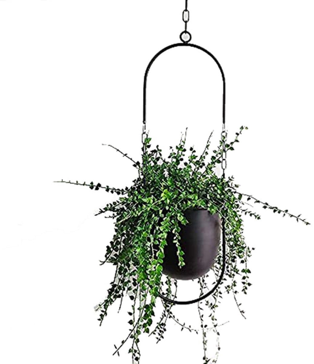 Famanu – Hangende decoratiepot, metalen boho-hangmand voor plafond, hangende plantenbak voor kamerplanten, vetplanten, luchtplanten en cactussen, zwart