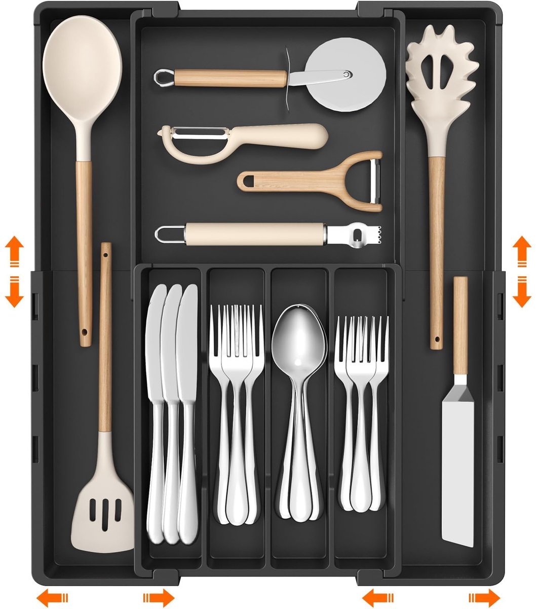 Famanu – Verstelbare bestekbak voor laden met 4-7 vakken, kunststof keukenorganizer, breedte 22,6 tot 36,2 cm, ideaal voor lepels en vorken, zwart