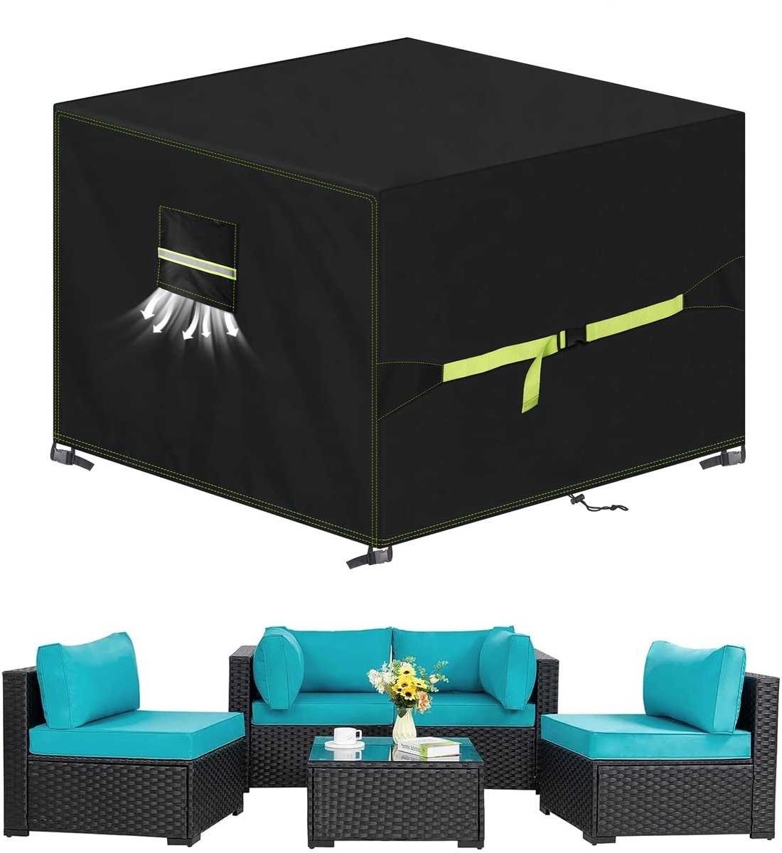 Famanu Tuinmeubelhoes, winterbestendig, 420D Oxford afdekzeil, afmetingen 250 x 250 x 90 cm, waterdicht en uv-bestendig, voor tuintafel en zitgroep Zwart