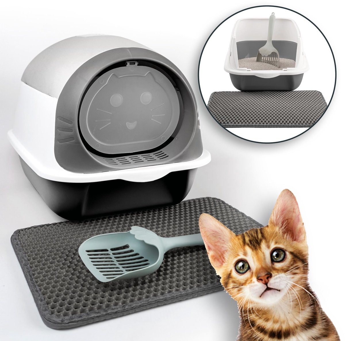 Famanu – Kattenbak in grijs met deksel, inclusief mat en schep, gesloten en hygiënisch, geurvrij en eenvoudig schoon te maken Famanu – Kattenbak in grijs met deksel, inclusief mat en schep, gesloten en hygiënisch, geurvrij en eenvoudig schoon te maken