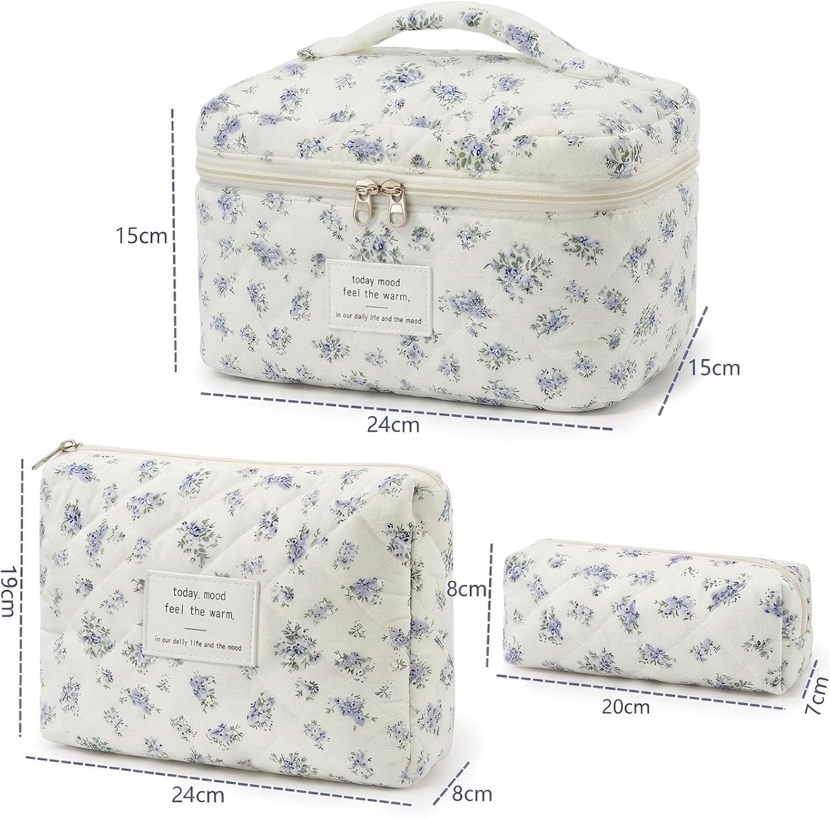 Set van 3 Make-uptassen - Blauw - Groot - Met Bloemenpatroon - Voor Dames en Meisjes
