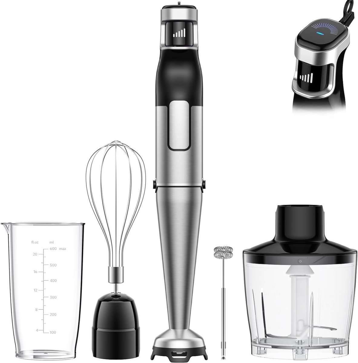 Krachtige Staafmixer - Roestvrij Staal - 1100 W - Met Hakmolen, Garde en Melkopschuimer - Voor Soepen en Smoothies