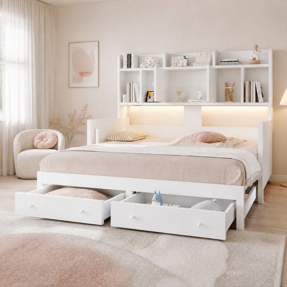 MODENUIT Slaapbank 90 x 190 cm - Uitschuifbaar Met Opbergruimte, Ledverlichting En Stopcontact - Voor Slaapkamer En Logeerkamer - Hout - Wit