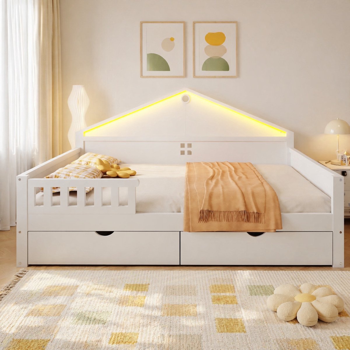 Kinderbed 140 x 200 cm - Met LED Lichtstrip en 2 Laden - Eenpersoonsbed Voor Kinderkamer - Hout MDF - Wit