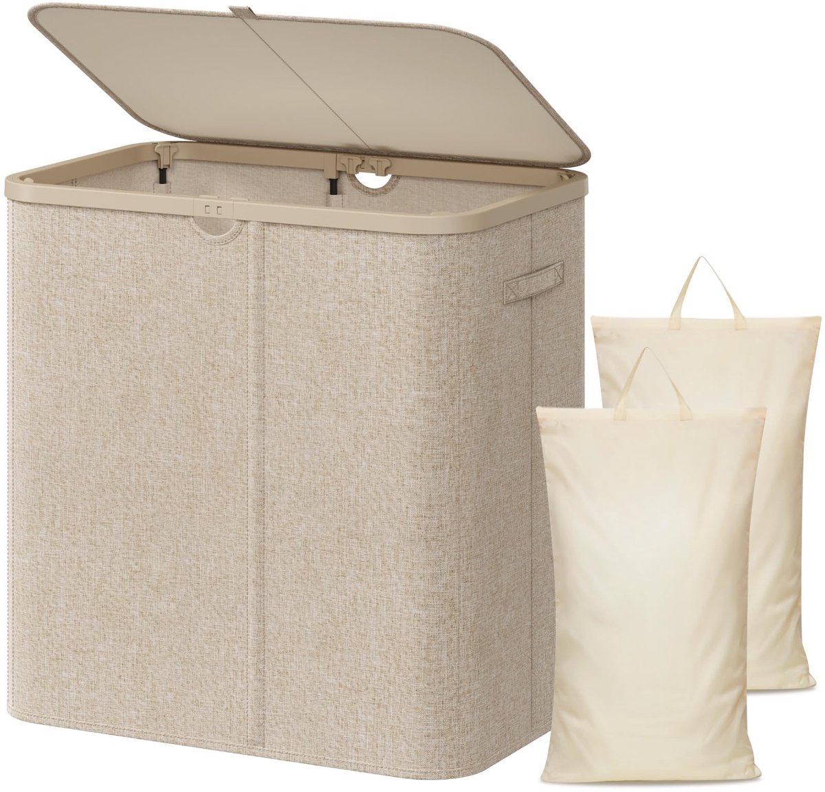 Famanu – Wasmand met 2 vakken en deksel, grote opvouwbare wasmand met uitneembare zakken, 145L, voor badkamer, slaapkamer en wasruimte, beige