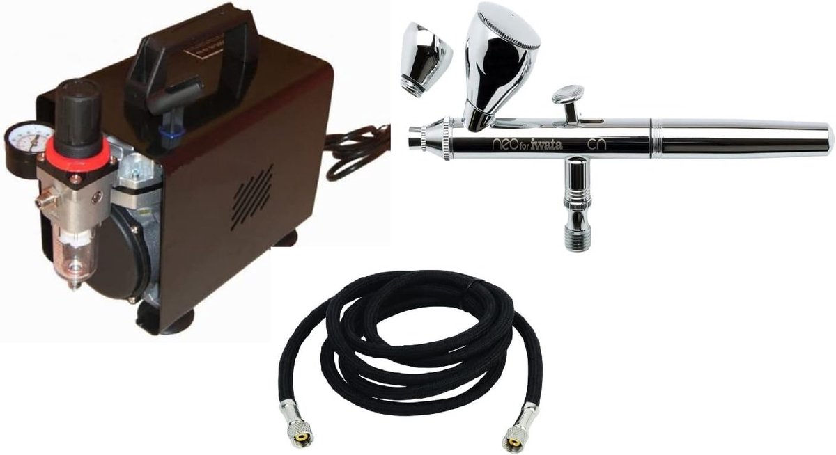 Airbrush Iwata Neo HP-CN E 0.35 with low-noise compressor Fengda FD-18A + Fengda Telato air hose 3 m connection - ShopVlot