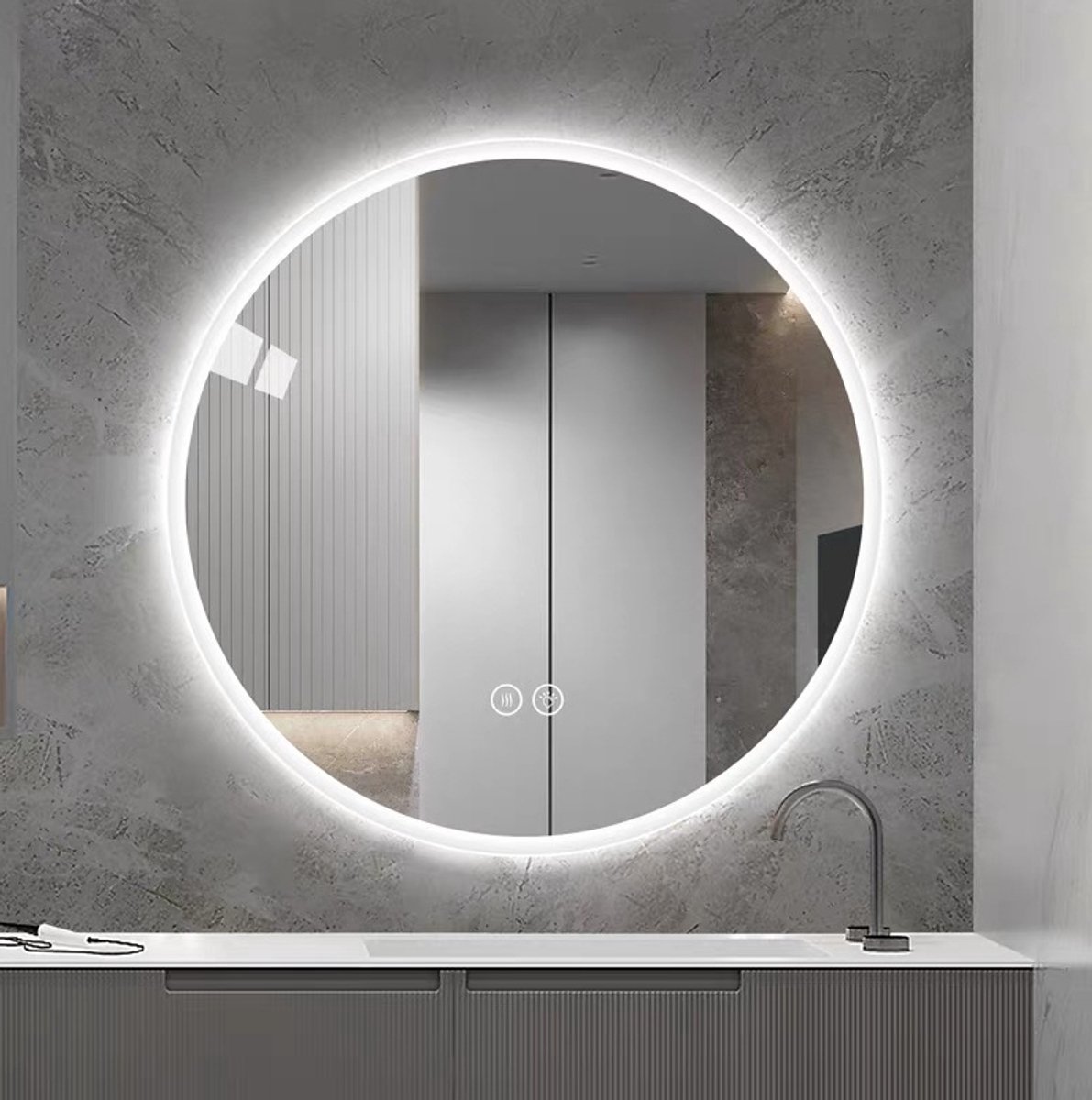 REDOM - LED badkamer spiegel - Rond - Wandspiegel - Anti-condens en dimbaar - 3 lichtkleuren - Modern - Badkamer - Glas en metaal - Zilver - 80 cm