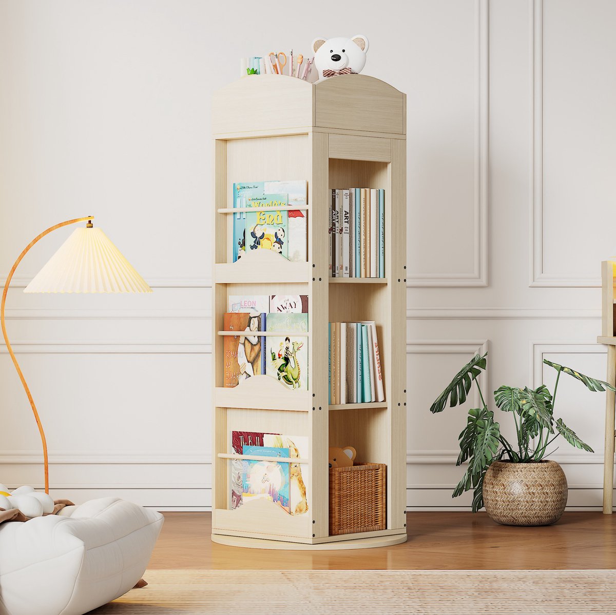 REDOM - Boekenkast - 360° draaibaar - Staande open opbergkast - Voor kinderen - Voor boeken en speelgoed - MDF - Naturel - 142 x 63 x 63 cm