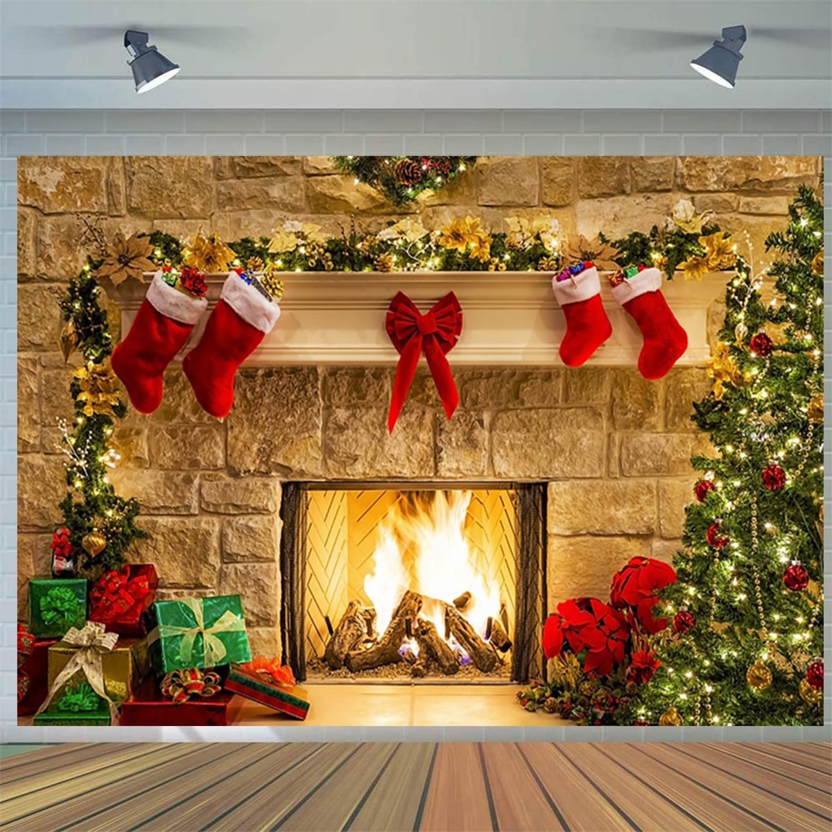 10x8FT Christmas Background Christmas Photo Fireplace Vintage Xmas Tree Stockings Winter Photography Background Family - ShopVlot