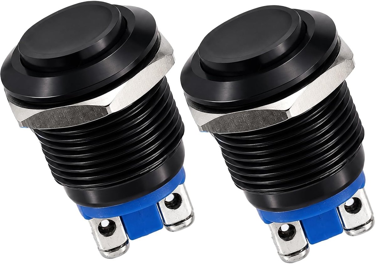 Drukknop, 12 V, waterdicht, metaal, zwart, 16 mm, IP20, momentschakelaar, zwart, 1 A, schroefaansluiting, auto - ShopVlot