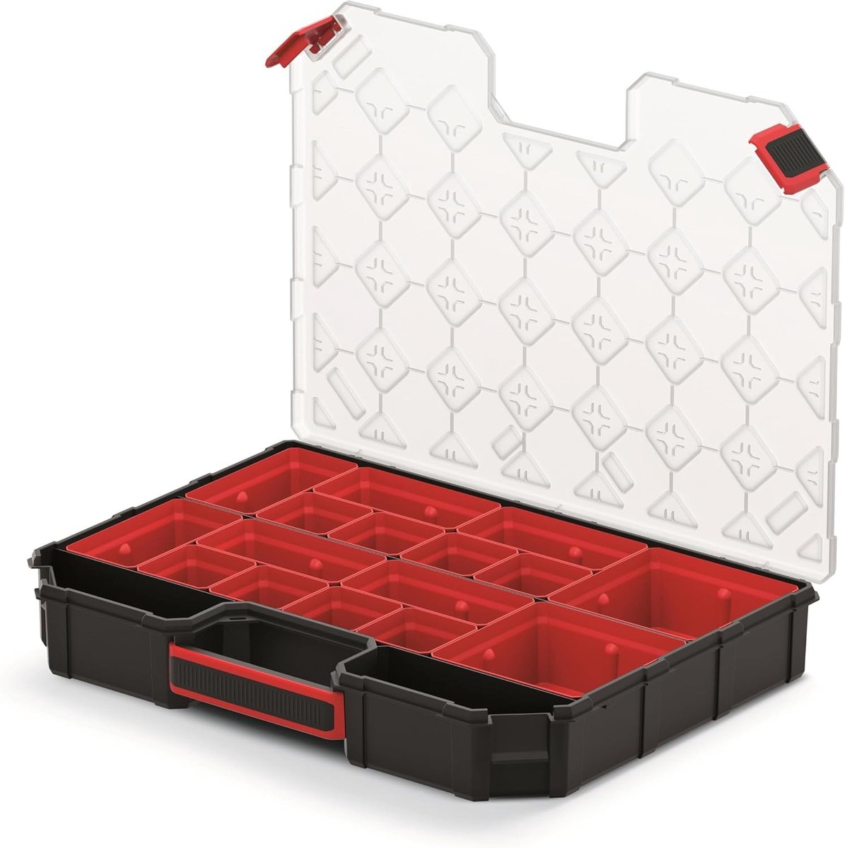 Schroeven opbergsysteem met laden - Rood - 390 x 284 x 60 mm - Polypropyleen sorteerdoos met 12 inzetbakken - Voor kleine onderdelen en accessoires