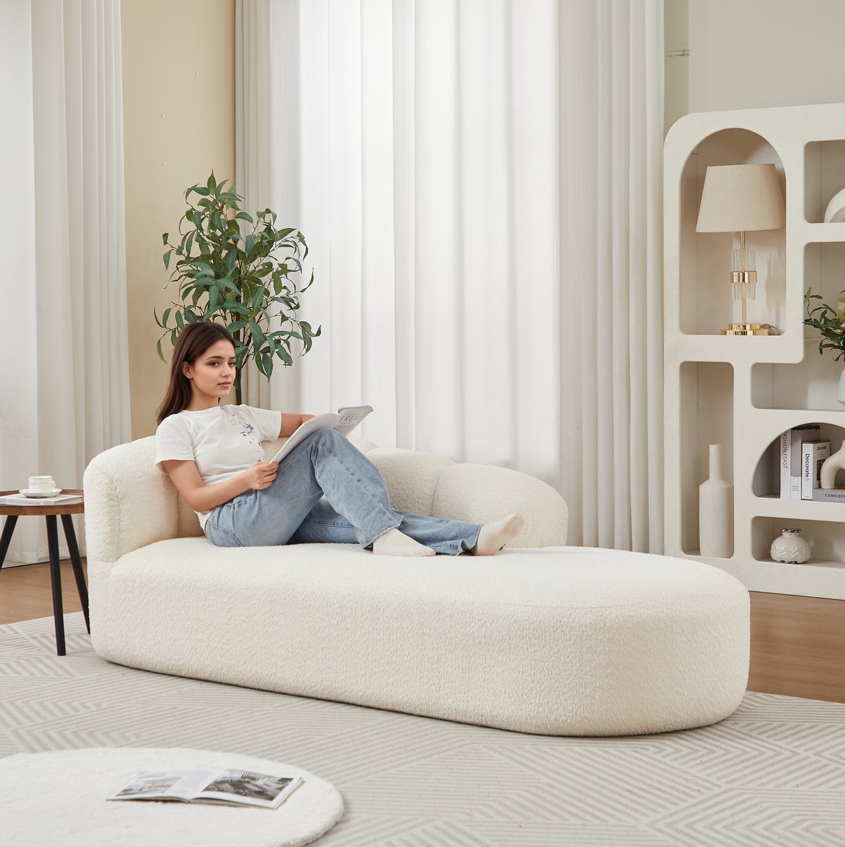 Chaise Longue - Moderne Chenille Loungestoel Met Wellenvormige Rugleuning Zonder Armleuningen - Voor Woonkamer, Slaapkamer En Leeshoek - Beige