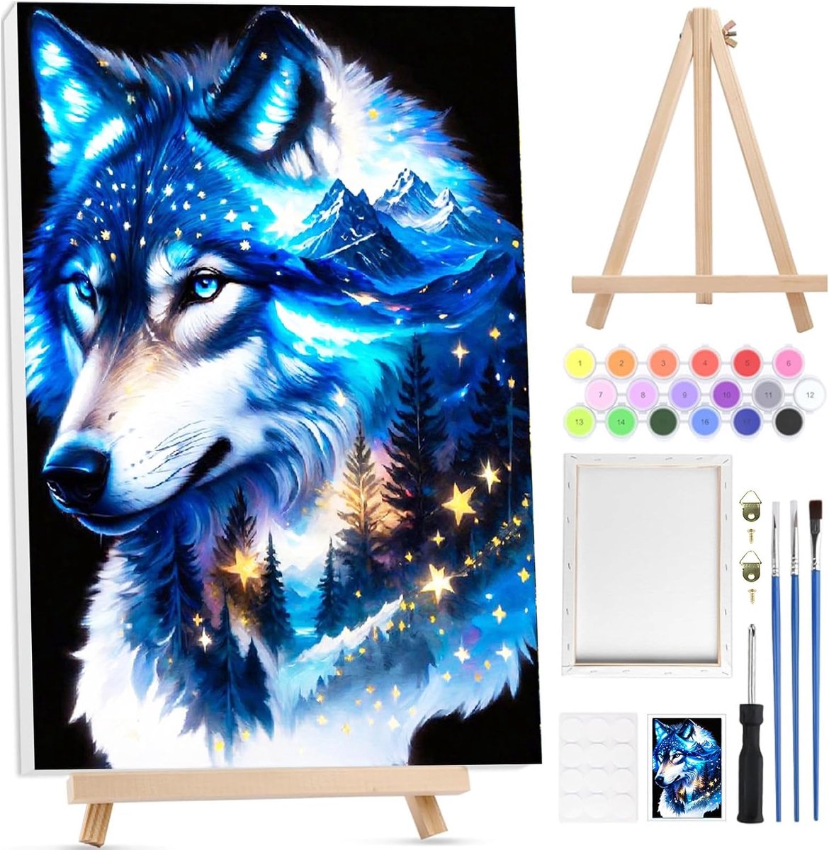 Schilderen op Nummer Set - Wolf Motief - Canvas met Houten Easel - Creatieve DIY voor Thuisdecoratie - ShopVlot