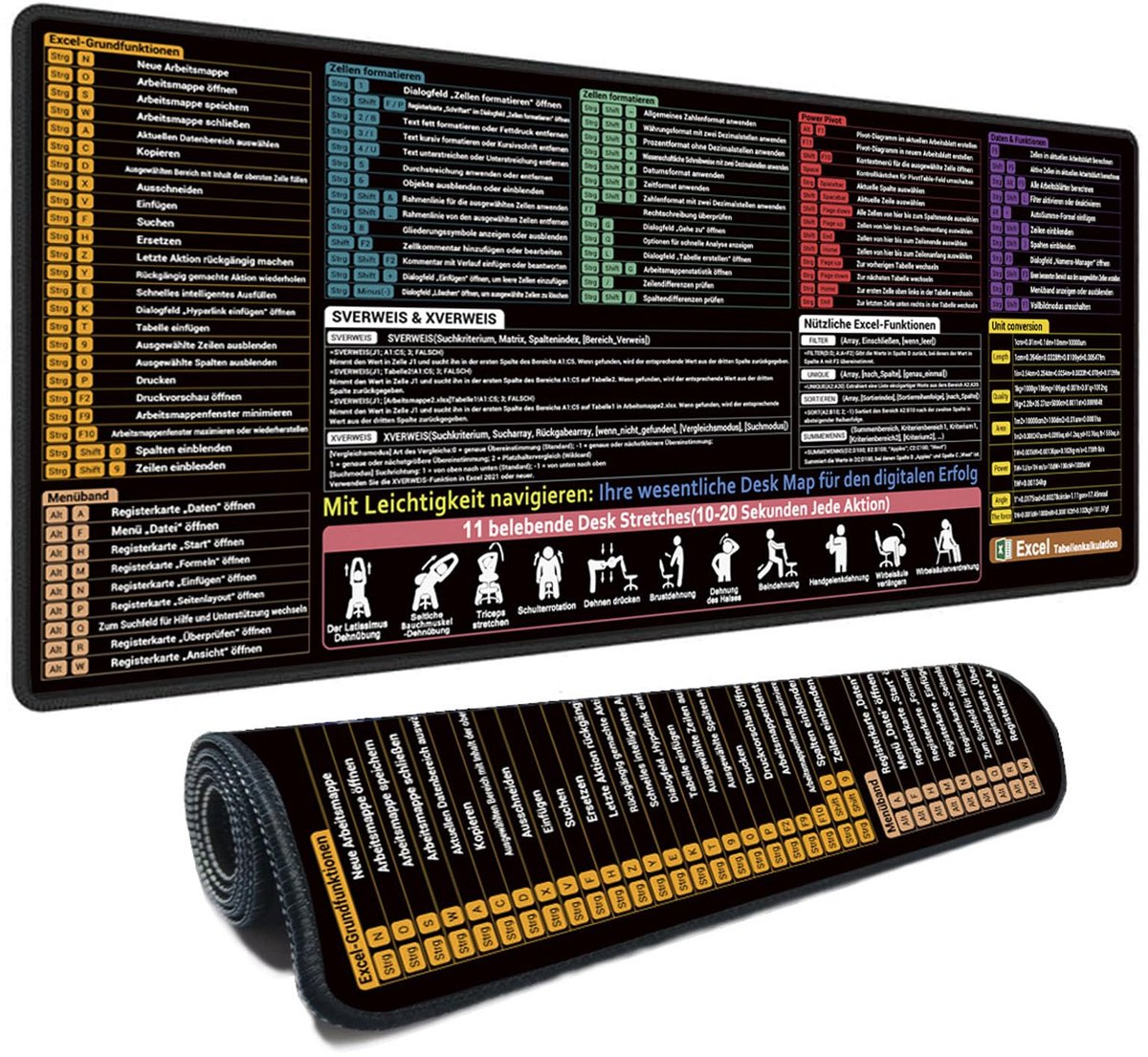 Muismat Excel shortcuts groot 800 x 300 mm - antislip - met Windows-toetsenbordsnelkoppeling - ShopVlot