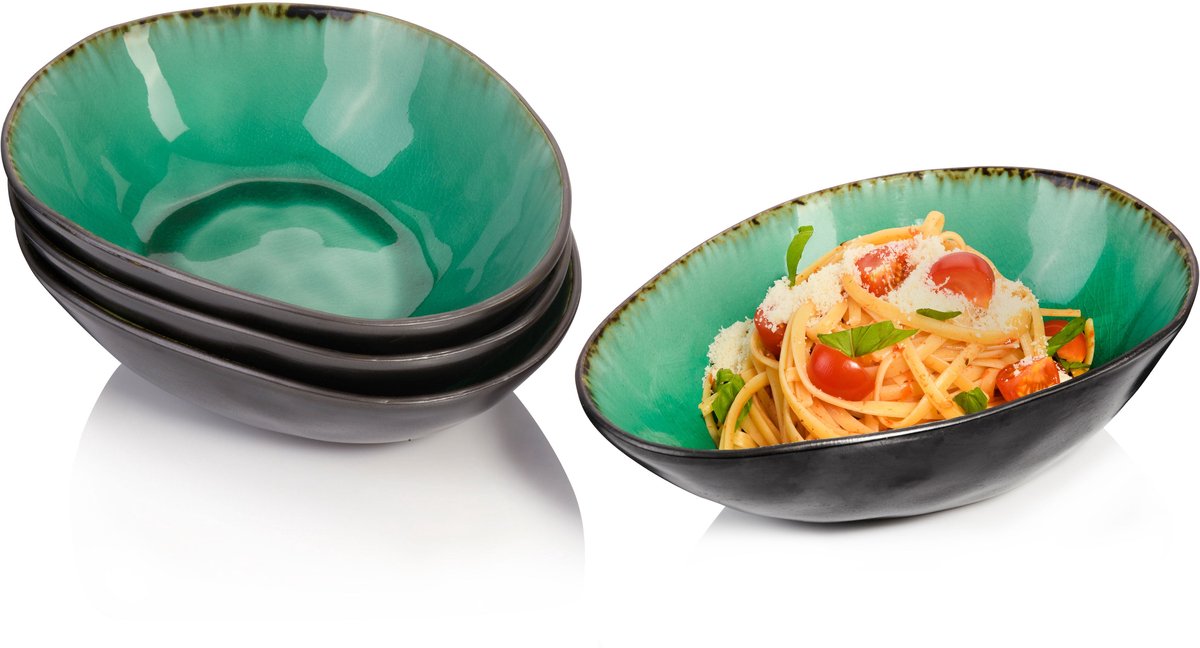 SÄNGER Palm Beach Pastakommen Set 4 Stuks - Aardewerk - Turquoise Krakelee Design - Vintage Uitstraling - Ø 24 cm - 1200 ml