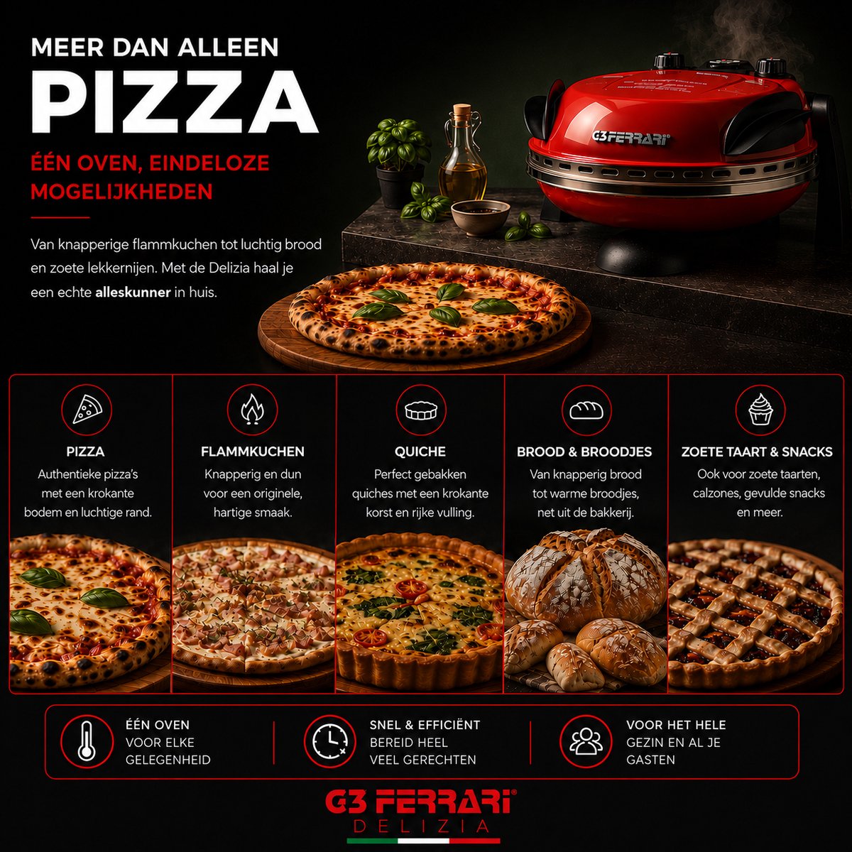 G3 Ferrari Delizia - Pizzaoven elektrisch - 400°C - Vuurvaste pizzasteen Ø31 cm - Pizza in 5 min - Rood – foto 8