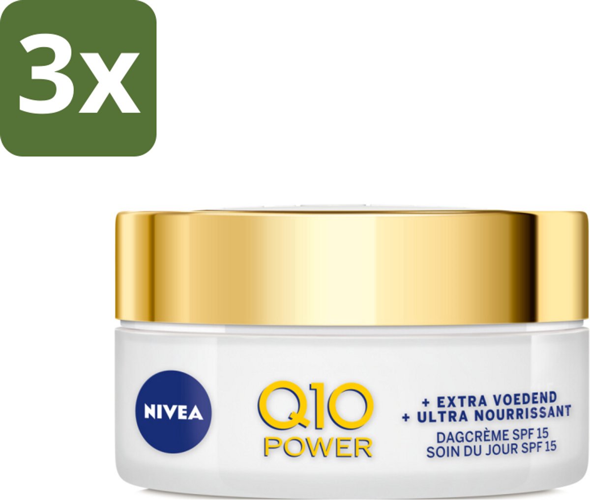 NIVEA - Q10 Power Dagcrème Extra Voedend - Anti-Rimpel Crème - SPF 15 - Biologische Arganolie - Droge huid - 50 ml - Bulkverpakking - 3 stuks