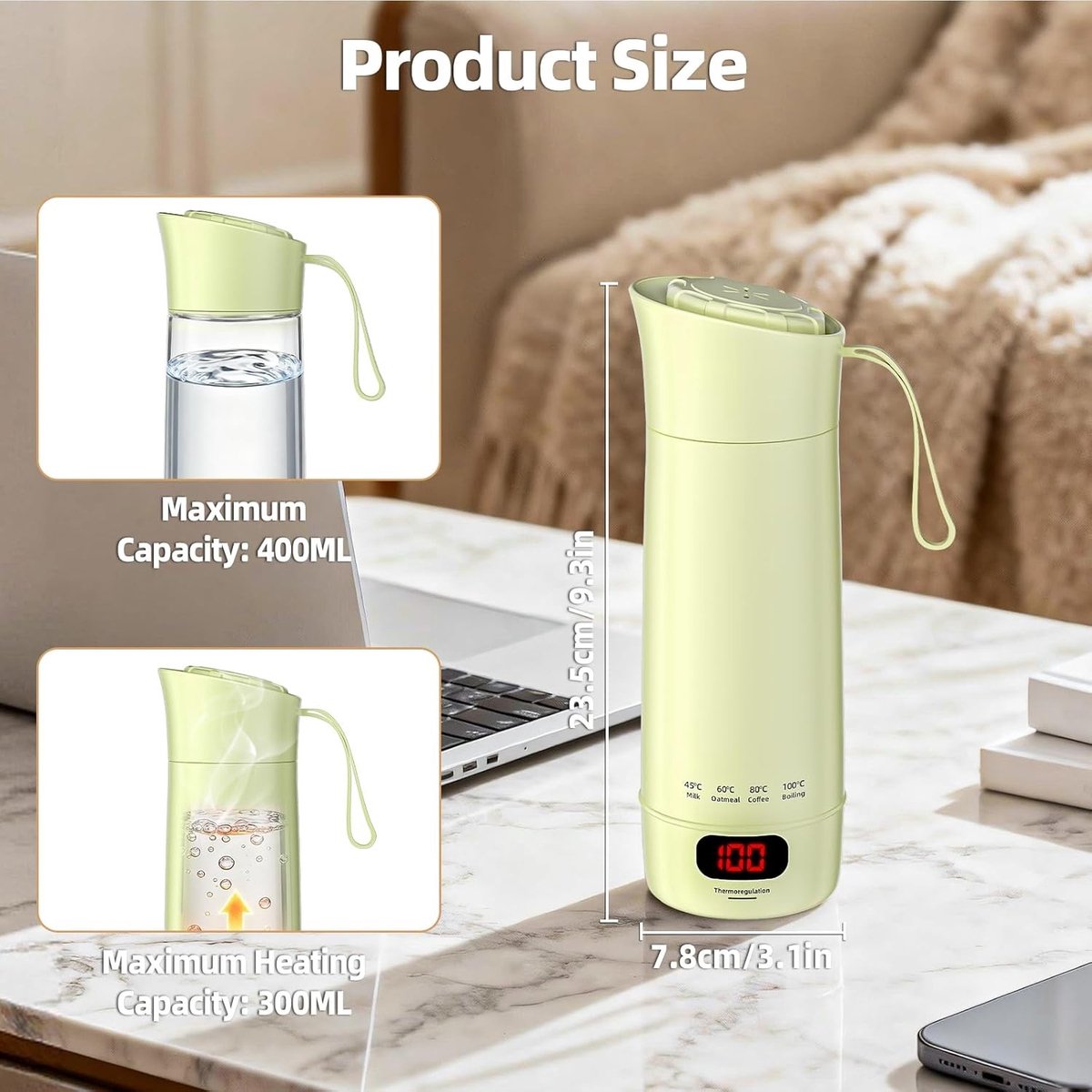 Mini Elektrische Waterkoker - Groen - 400 ml - Draagbare Waterkoker met 4 Temperatuurinstellingen - Voor Reizen