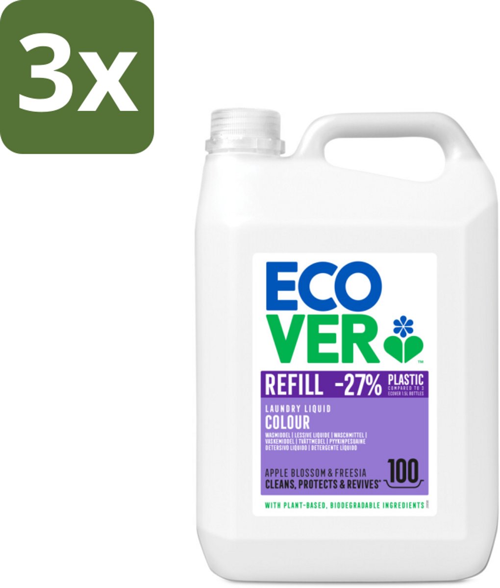 Ecover - Vloeibaar wasmiddel - Color - Appelbloesem & Freesia - 5 liter - 100 wasbeurten - Bulkverpakking - 3 stuks