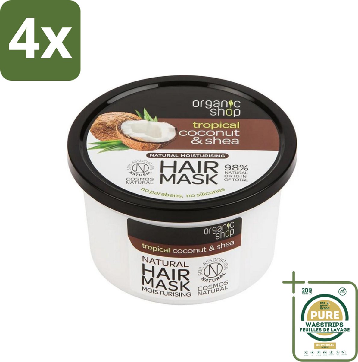 Organic Shop - Haarmasker Coconut & Shea - Verzorgend en Voedend - 250 ml - Voordeelverpakking - 4 stuks - Sheaboter - Hydraterend