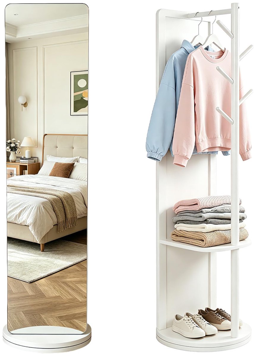 Famanu – 360° draaibare volledige lichaamsspiegel van massief hout met garderobe, staande spiegel voor slaapkamer en woonkamer, ruimtebesparend ontwerp, kleur wit