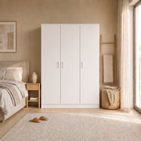 Witte kledingkast met drie deuren, in een slaapkamer met bed en raam.